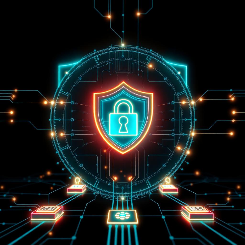 Abstract glowing secure AI shield protecting regulated industry workflows with audit trails and compliance gates on a dark background