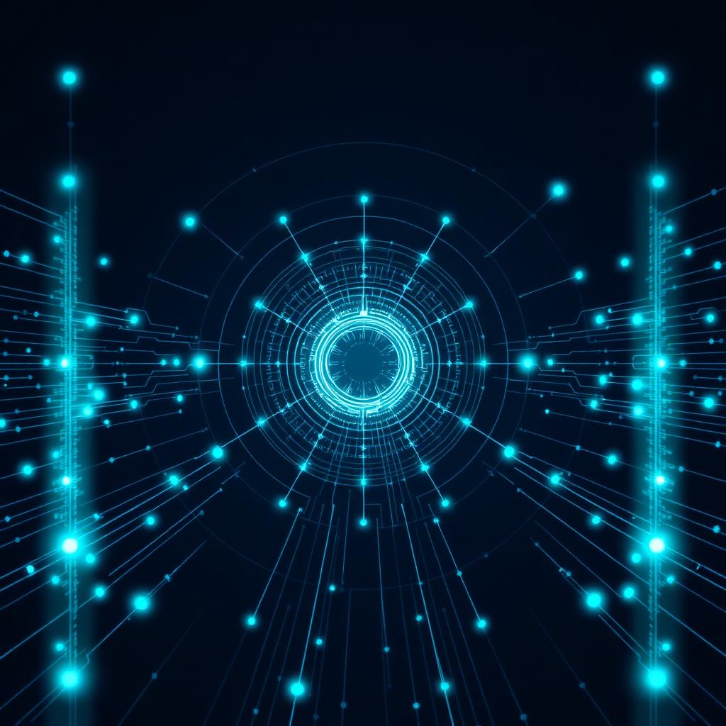 Abstract glowing observability lens surrounded by data streams and connected system nodes in a dark space